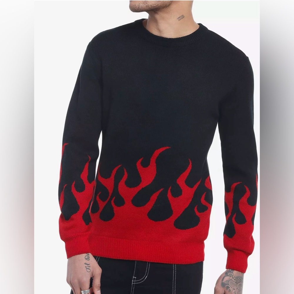 Hot Topic Men's XL Red and Black Flames Sweater Knit Pullover Rock N Roll Punk